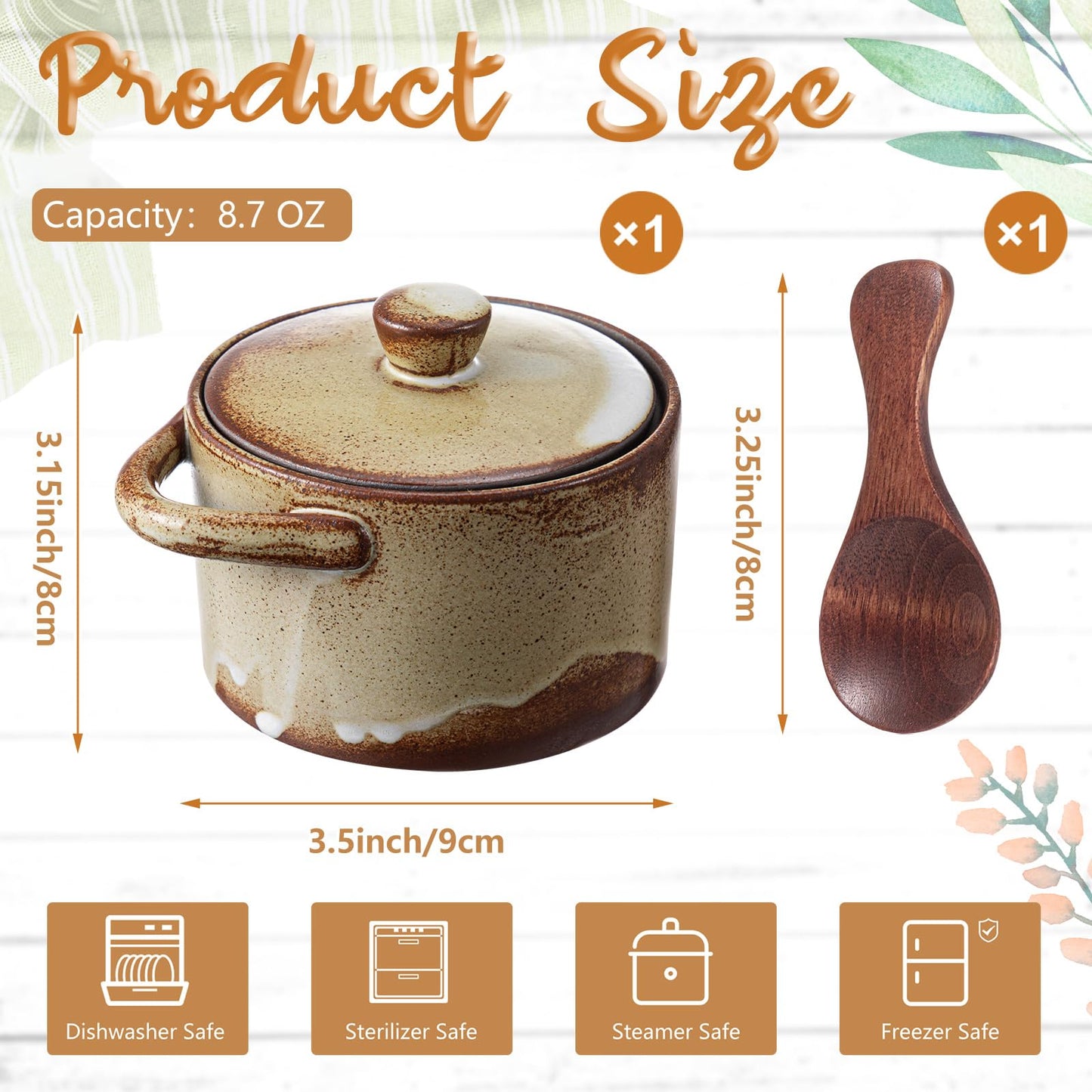 Honeydak Speckled Ceramic Salt Cellar with Lid and Wooden Spoon, Rustic Farmhouse Salt Pepper Cellar Holder for Mothers Day, Housewarming Gift, Heavyweight Spices Jar(Retro Color,1 Set)