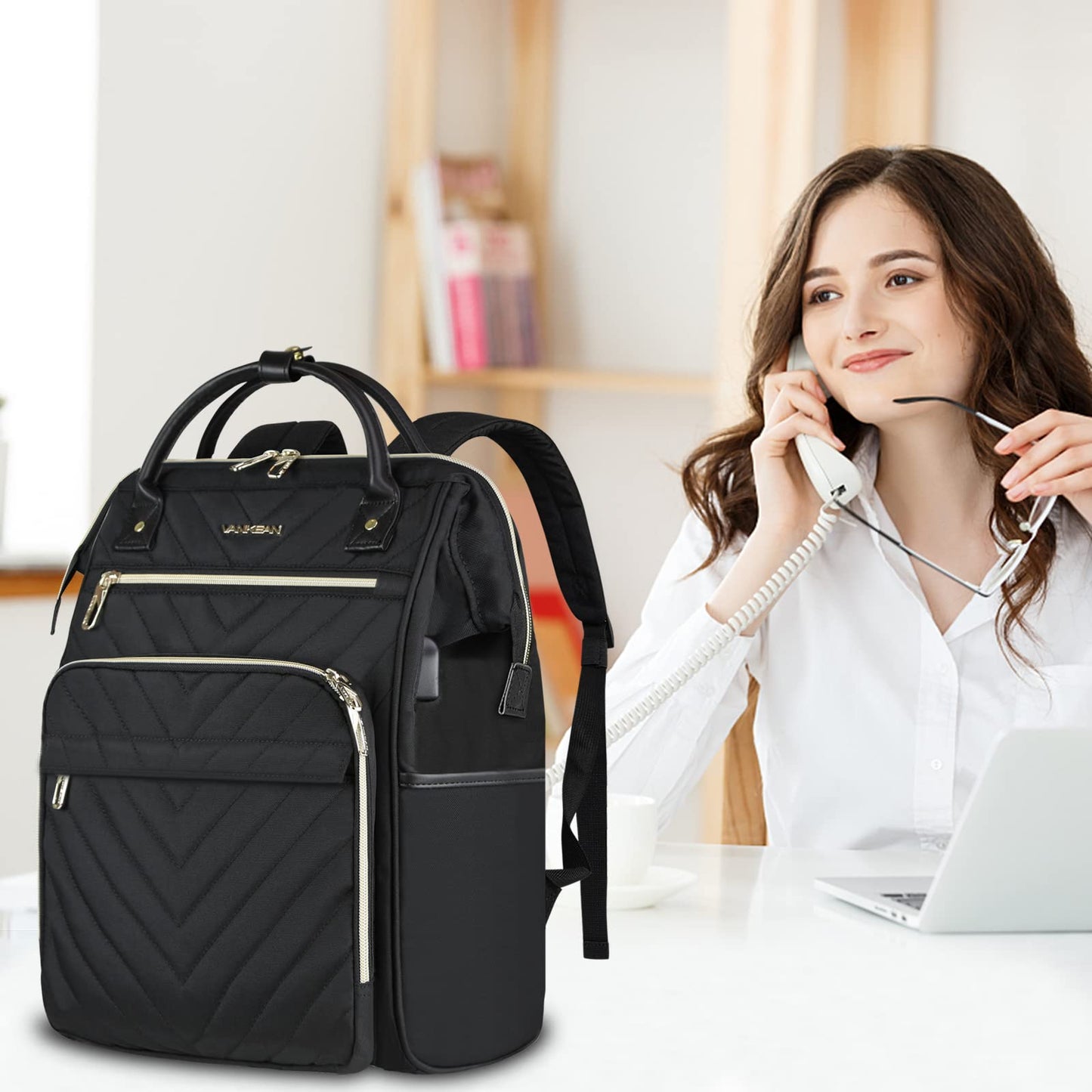 VANKEAN Laptop Backpack for Women Men 17.3 Inch Stylish Computer Work Backpack, Waterproof College Daypack Backpacks with USB Port & RFID Blocking, Business Travel Backpack, Black
