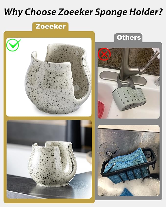 Sponge Holder for Kitchen Sink, Ceramic Dish Sponge Dish Rack Scrubby Caddy