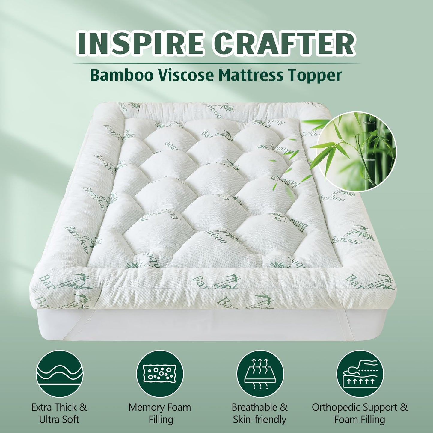 5 Inch Memory Foam Mattress Topper King Size, Breathable Viscose Made from Bamboo Pillow Top Mattress Pad Cover, Ultra Soft Bed Topper with 2000 GSM Foam Filling for Pain Relief, White,78x80x5 in