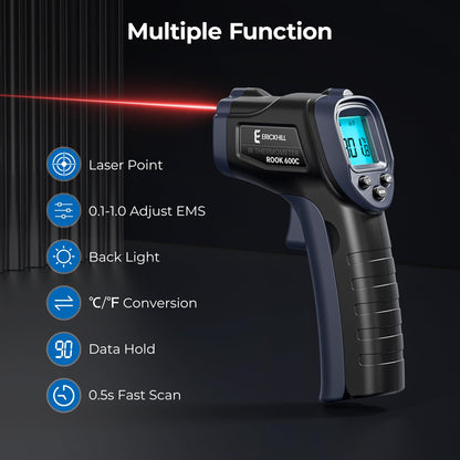 ERICKHILL Infrared Thermometer -50℃~600℃ Compact Size Non-Contact Laser Thermometer Gun LCD Backlit Digital Display Adjustable Emissivity - for Vehicle Repair/Cooking/BBQ/Freezer/Food, Black Blue