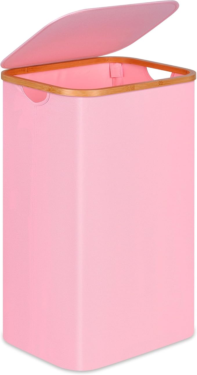 100L Laundry Hamper with Lid, Lagre Basket with Bamboo Handles, Foldable