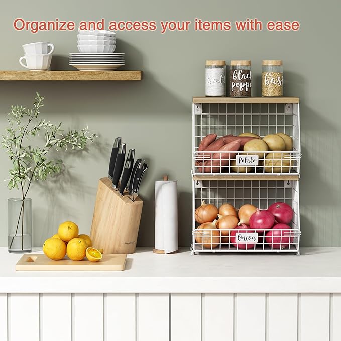 White Fruit Storage Basket for Kitchen Counter Set of 2, Wall Mount Wire Fruit