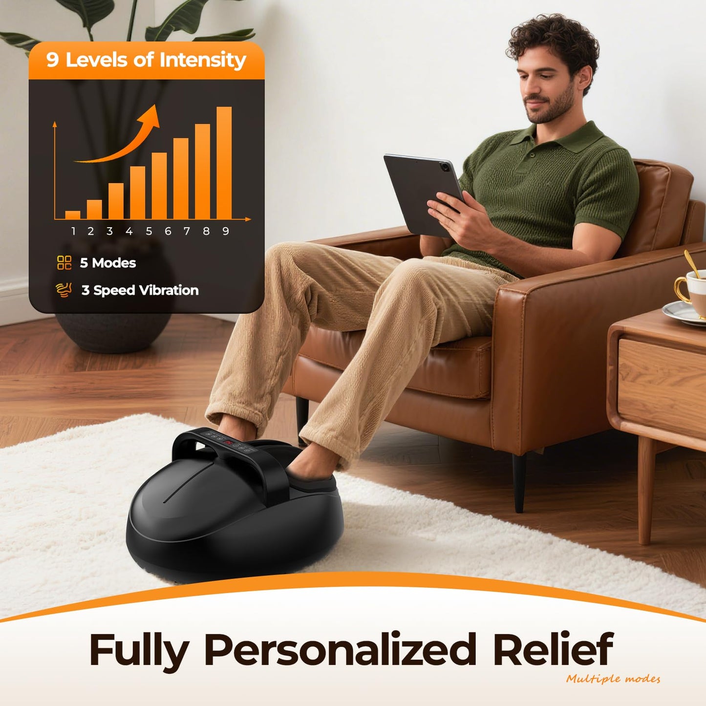 HTM Foot Massager with Heat, 5 Modes & 9-Level Intensity & 3-Speed Vibration, Shiatsu Kneading & Rolling Compression, with Remote & Portable Handle, Fits Up to Men's Size 13, Gift for Women Men