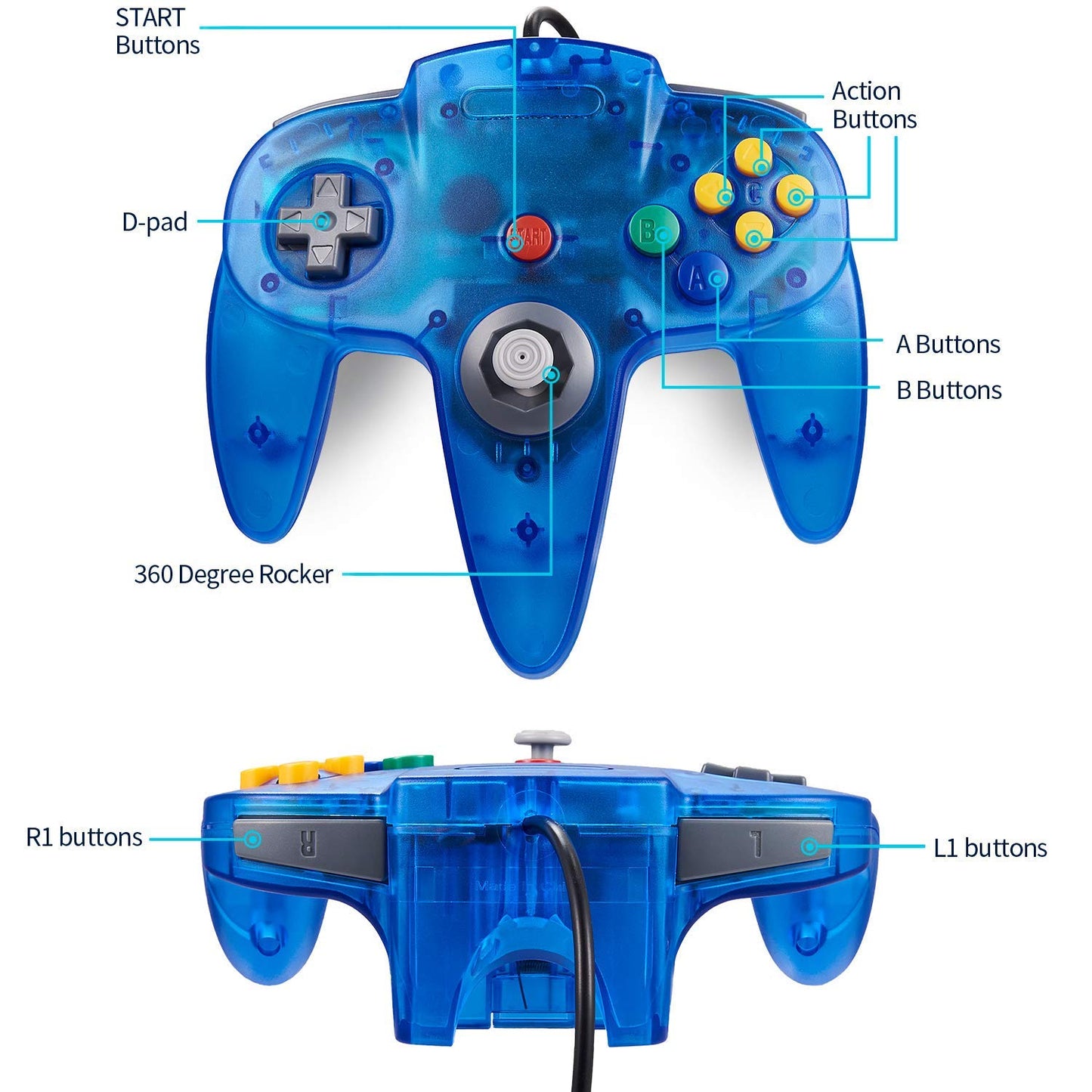 KIWITATA 2 Pack Classic N64 Controller, Retro N64 Remote Wired Game Pad Joystick Controller for N64 System Console Clear Blue
