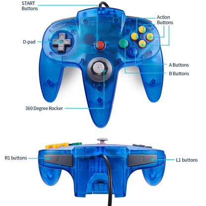 KIWITATA 2 Pack Classic N64 Controller, Retro N64 Remote Wired Game Pad Joystick Controller for N64 System Console Clear Blue