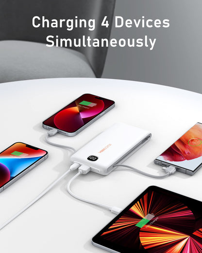 VEEKTOMX Portable Charger with Built in Cables 10000mAh, Power Bank for iPhone with AC Wall Plug, Fast Charging USB C Slim Battery Pack with LED Display Compatible with iPhone 17/16/15/14, Samsung