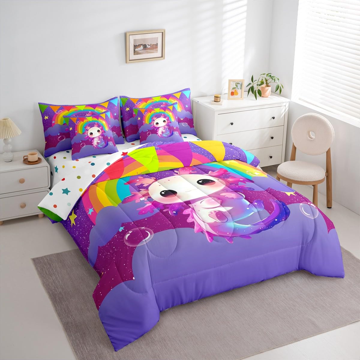 Erosebridal Girls Axolotl Queen Comforter Set Kids Cute Rainbow Axolotl Bed in a Bag with Flat and Fitted Sheet Kids Cartoon Kawaii 7-Piece Bedding Set Galaxy Stars Fantasy Quilt Duvet Sets,Purple