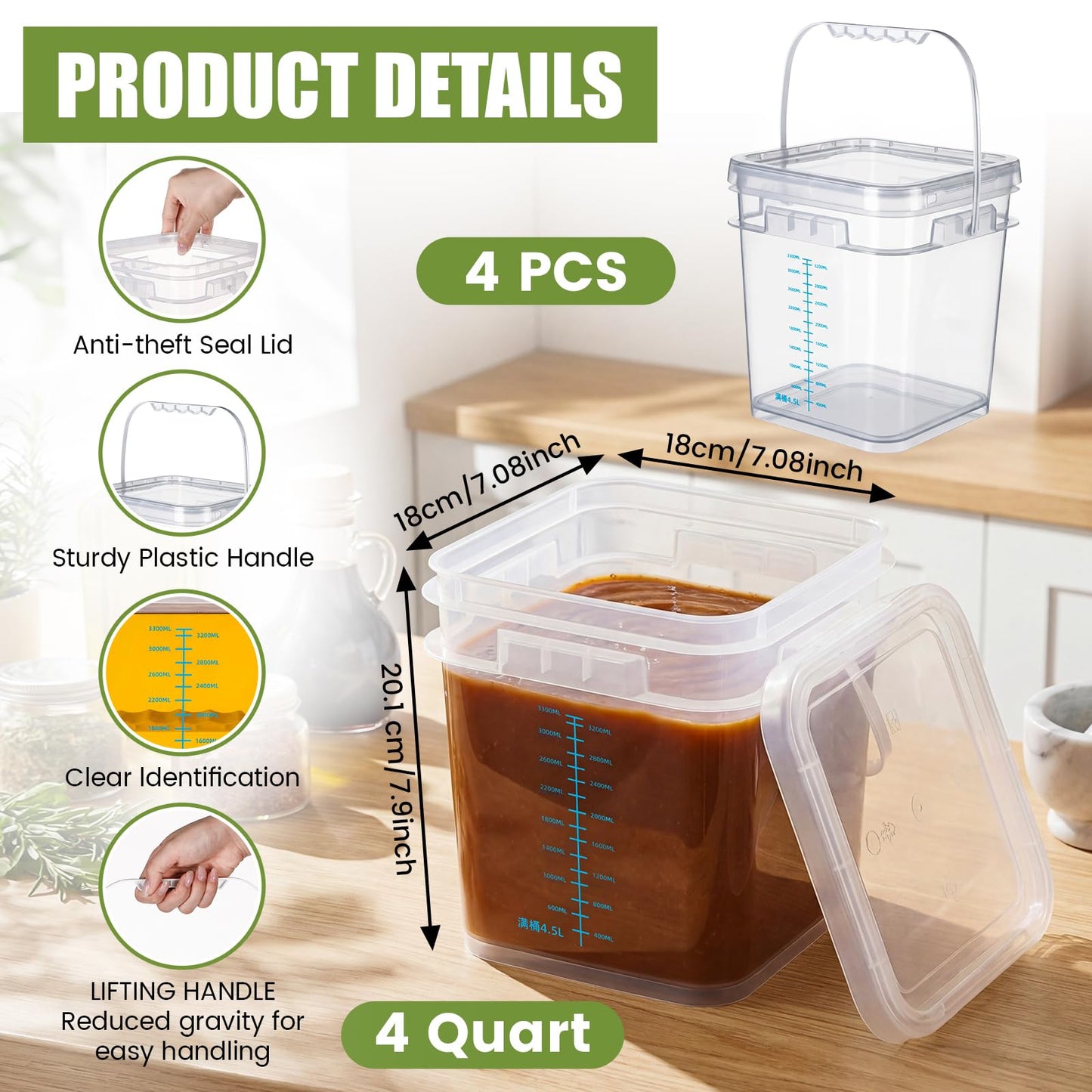 LemonRoad 4 Pcs Clear Square Bucket with Lid 1 Gallon Graduated Pail Container Food Grade Buckets for Cleaning Plastic Pails with Grip Handles for Kitchen Meal Prep Snack Rice Flour Pet Food, 4 Qt