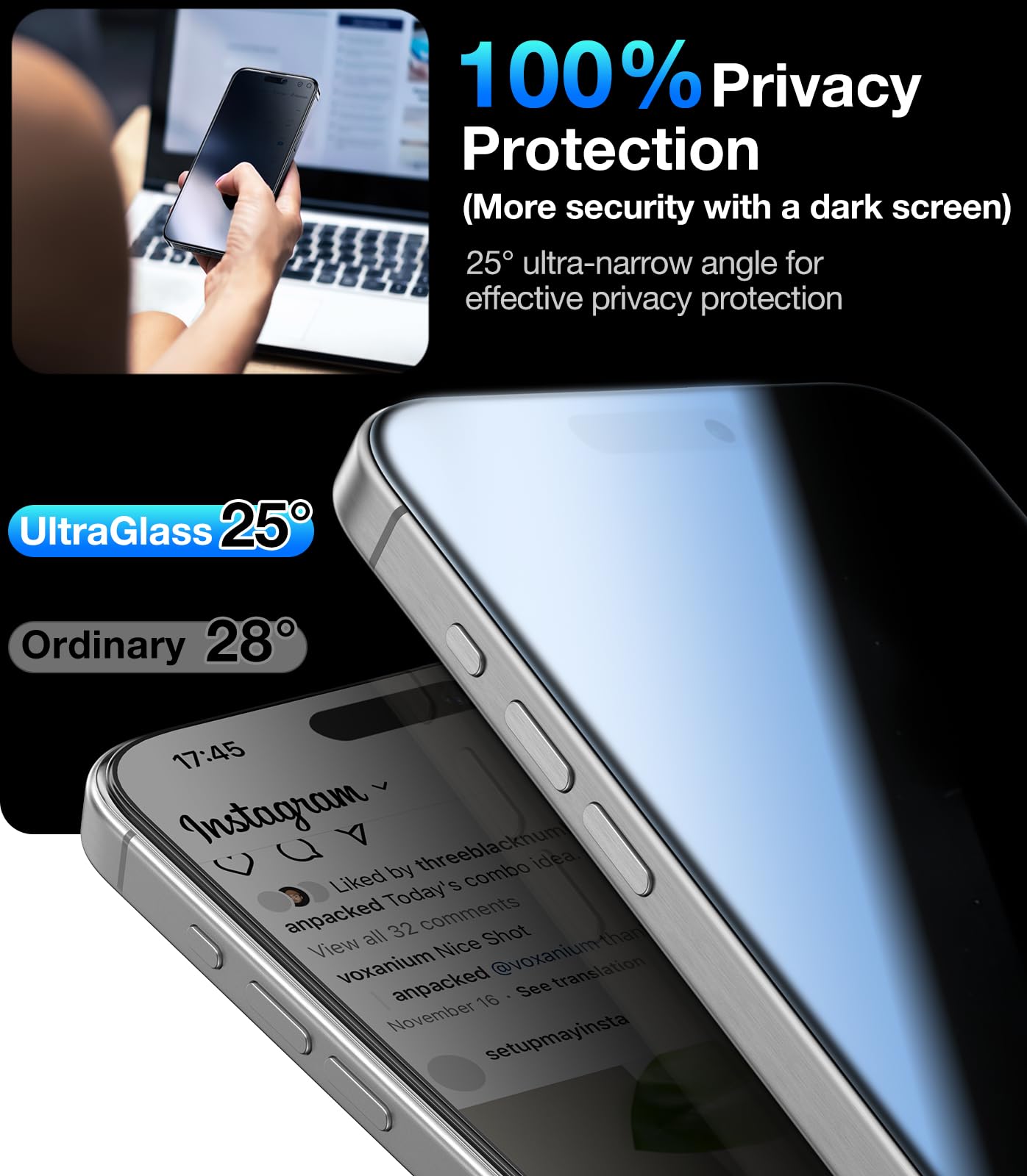 UltraGlass 9H+ Glass for iPhone 15 Pro Max Privacy Screen Protector [Invisible Privacy Armor] Screen Protector 15 Pro Max Tempered [Full Coverage & Longest Durable] 15 ProMax, 2 Pack