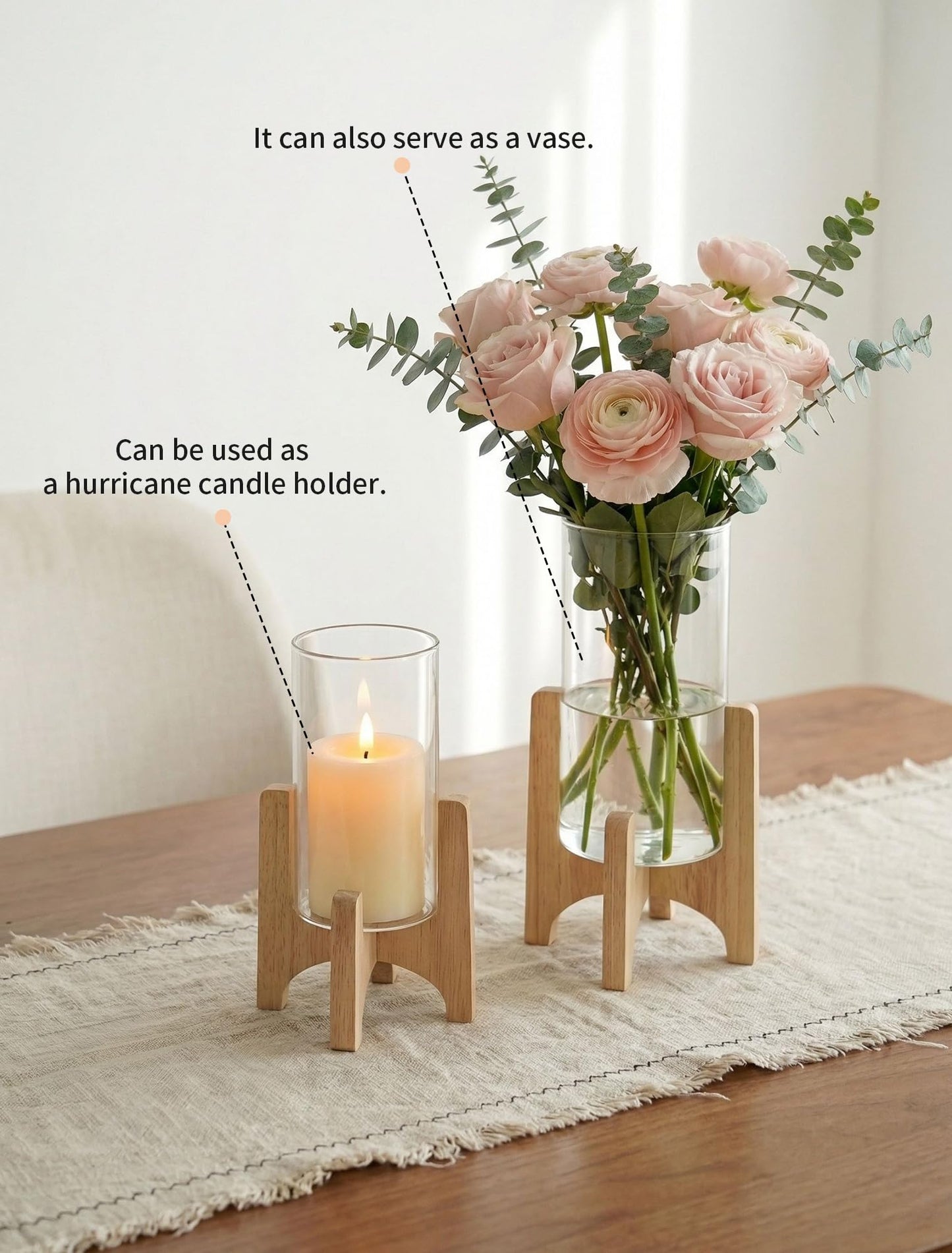 NUPTIO Hurricane Glass Candle Holders: Set of 2 Pillar Candle Holders with Wooden Stands - Mid Century Organic Modern Vases for Dining Table Centerpieces Decor