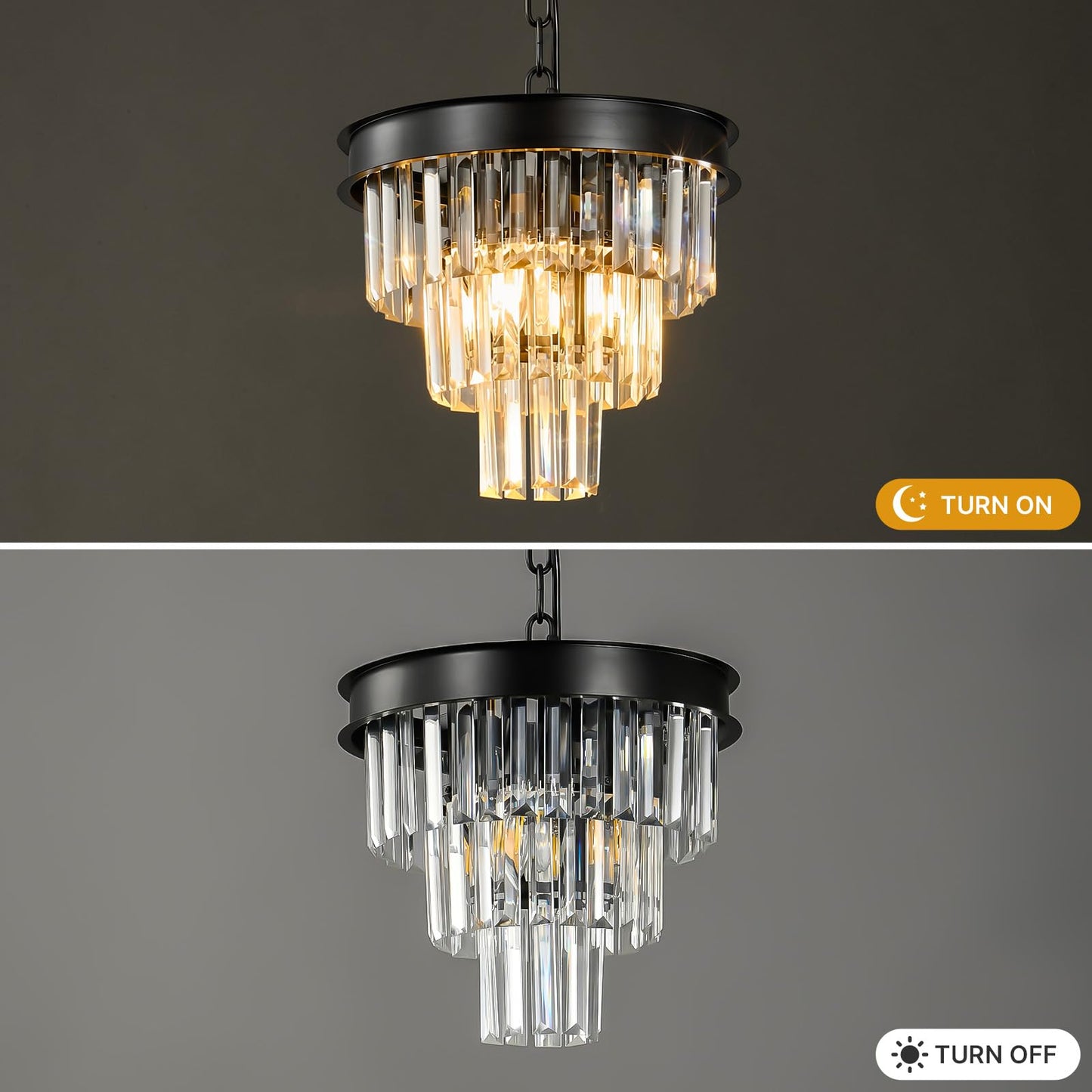 Modern Crystal Chandeliers For Dining Room: 12" Black Small Luxury Hanging Pendant Light Fixture Over Table - 3 Tiers Mini Round Chandelier For Kitchen Island Bedroom Entryway Foyer Closet 4 Lights