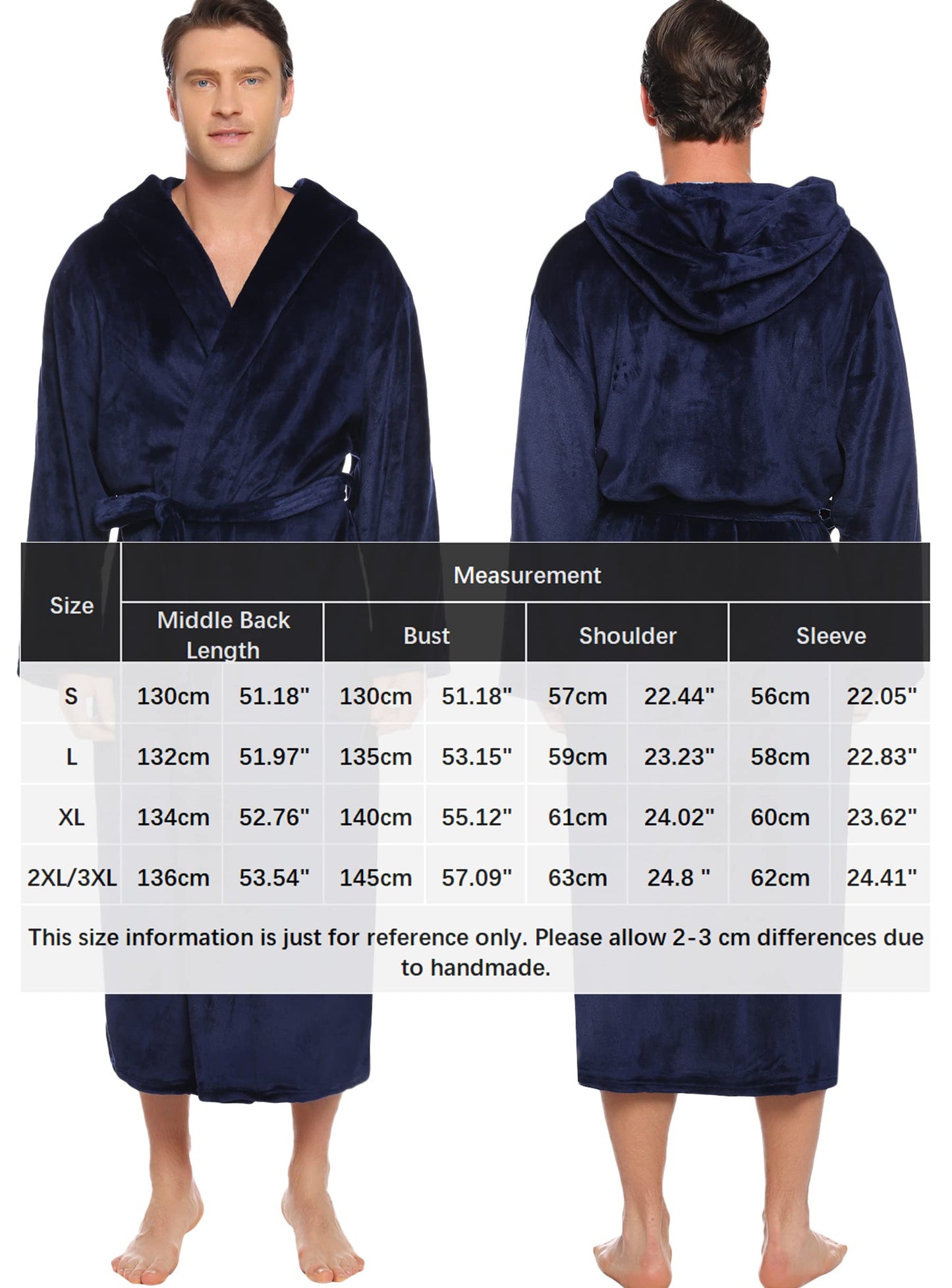 Vlazom Men Dressing Gown, Flannel Soft Bathrobe Cosy Warm Robes Fluffy Hooded Housecoat forWinter Loungewear, A-navy, XXL