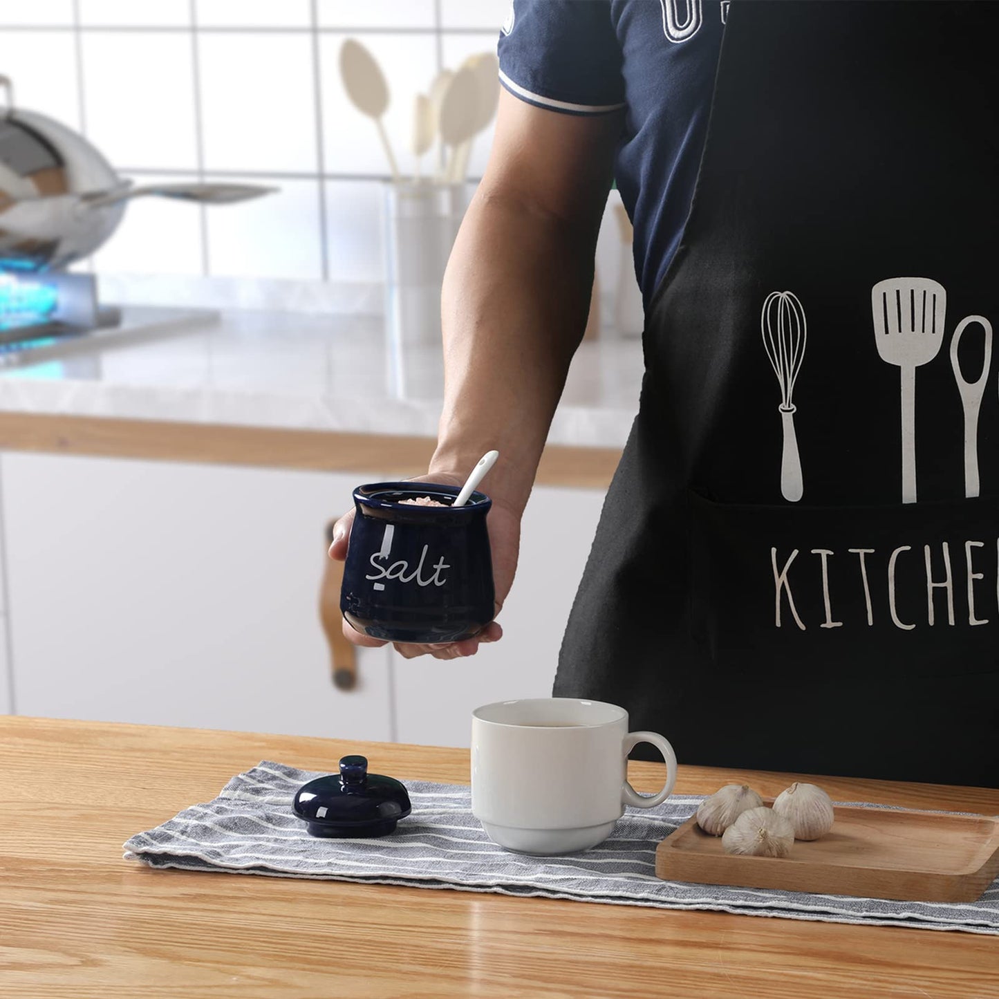 ONTUBE Ceramic Salt Bowl with Lid and Spoon 12oz White (Navy)