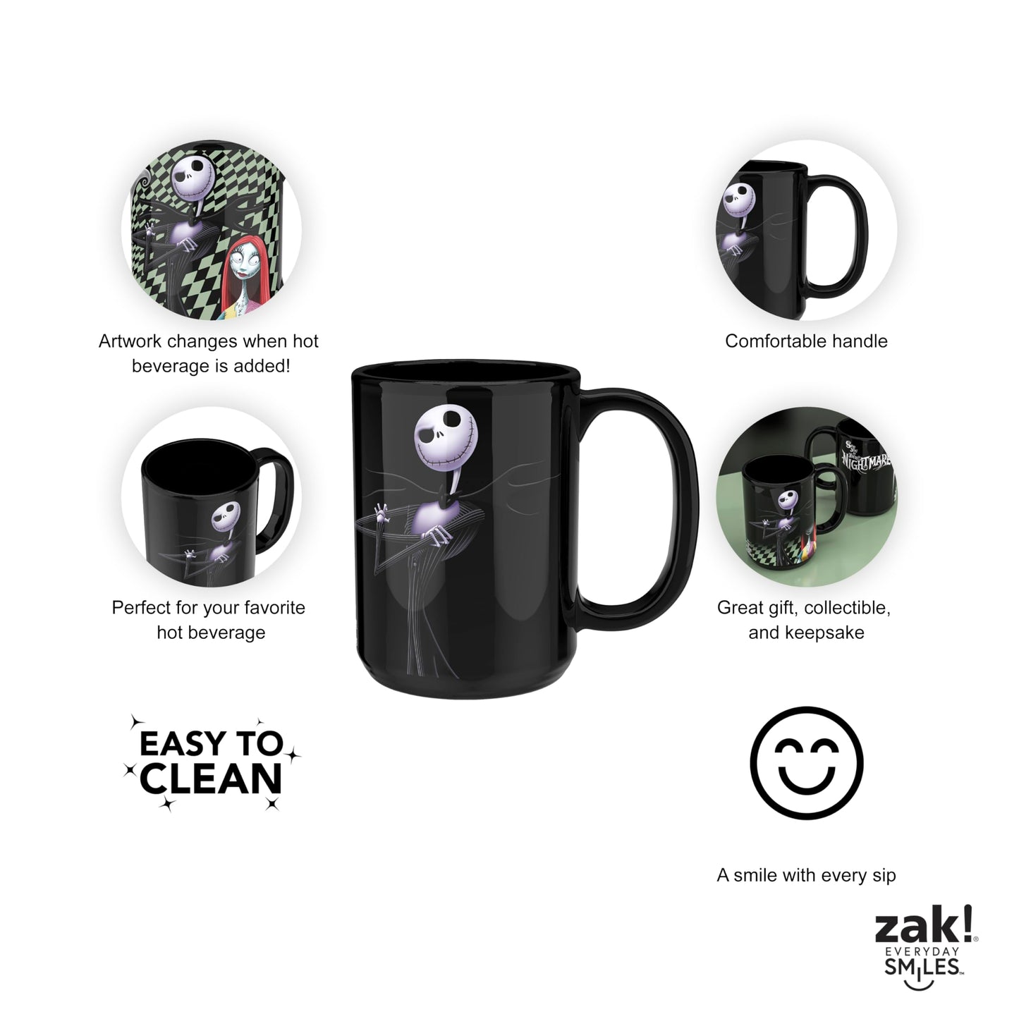 Zak Designs Disney Tim Burton The Nightmare Before Christmas Unique Color Change Ceramic Coffee Mug for Hot Drinks, Collectible Keepsake (15 oz, Jack Skellington)