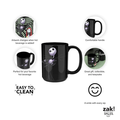 Zak Designs Disney Tim Burton The Nightmare Before Christmas Unique Color Change Ceramic Coffee Mug for Hot Drinks, Collectible Keepsake (15 oz, Jack Skellington)
