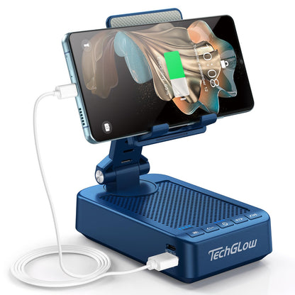 TechGlow Gifts for Men Women Foldable Cellphone Stand with Bluetooth Speaker and Charging Function 360° Rotatable Phone Stand Birthday Gift Idea for Mom Dad Cool Tech Gifts-Blue