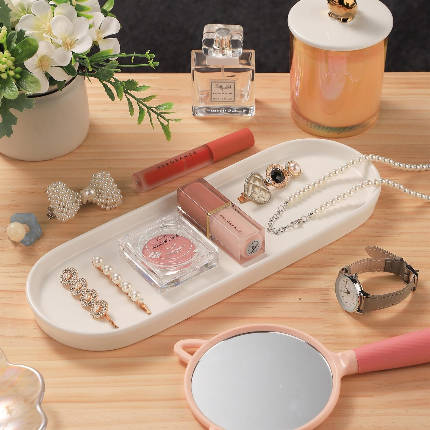VanEnjoy White Vanity Tray for Bathroom Counter, Long Narrow Tray Ceramic Tray for Kitchen Counter for Soap Bottles