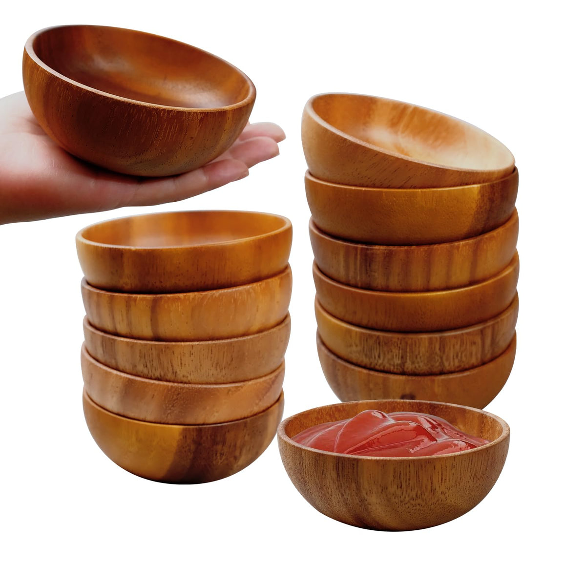 TANEMUDO 12 Pcs Acacia Wooden Bowls,Hand Carved Small Calabash Bowls, Round Wood Salad Dip Tray for Serving Popcorn, Pasta, Candy, Cereal, Coconut, Nuts, Sauce, Appetizers in Kitchen (4 Inch)