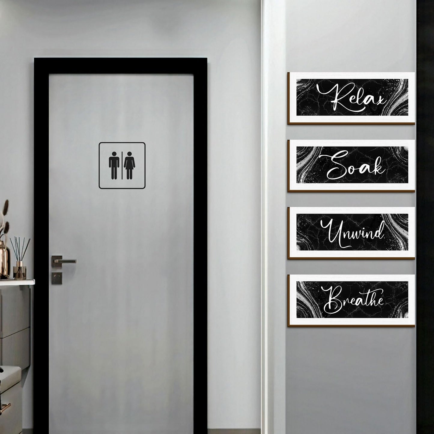 Bathroom Wall Decor 4 Pieces - Modern Marble Relax Soak Unwind Breathe Signs - Elegant Spa Bathroom Wall Art - Minimalist Wooden Plaque Set for Bathtub Home Decor Housewarming Gift