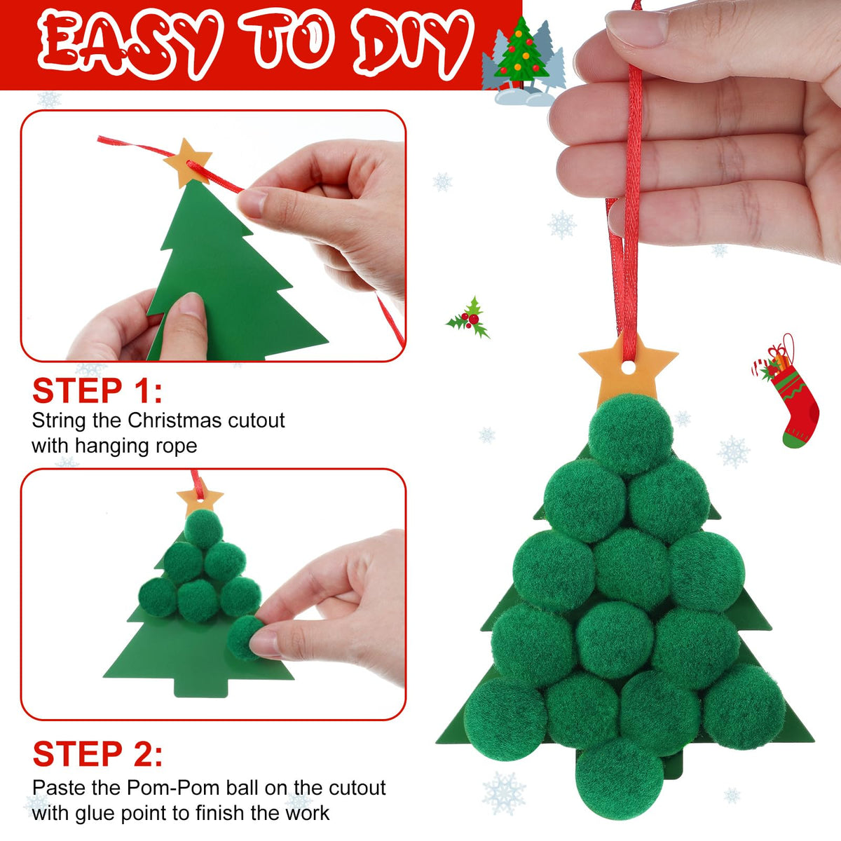 Realspring 24 Sets Christmas Pom-poms Craft Kit DIY Pom Pom Ornament Craft Bulk Christmas Tree Snowman Stockings Santa Wreath Candy Canes Xmas Poms Decor Fun Home Activity Classroom Party