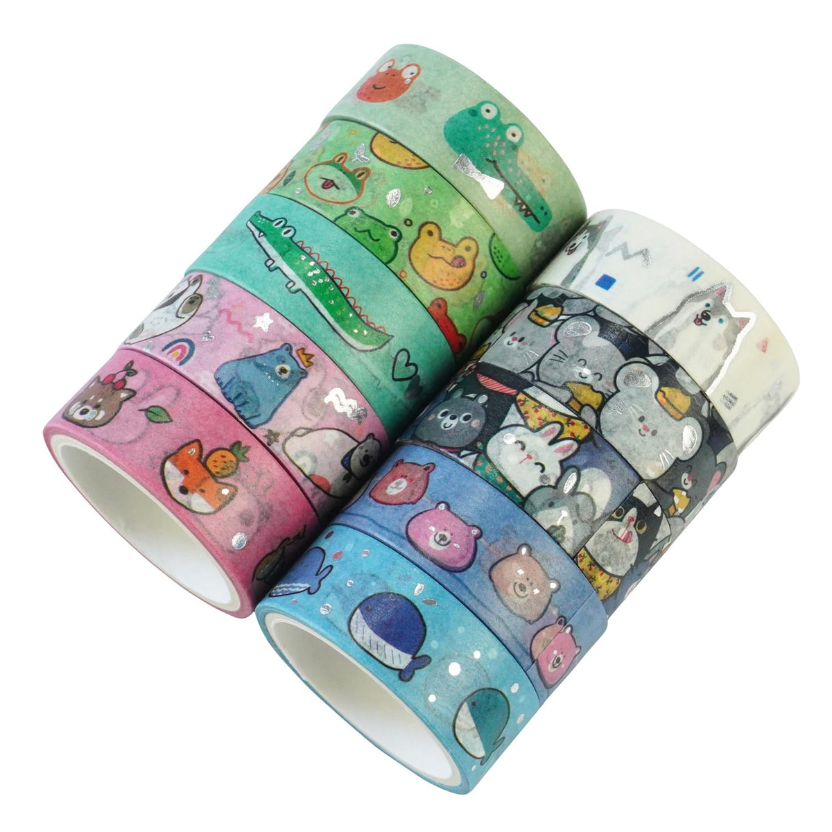 Baijixin 20 Rolls Cute Animals Washi Tape Set, Gold Silver Foil Cartoon Pets Decorative Tape for Bullet Journal, Planner, DIY Arts Crafts, Scrapbooking, Holiday Decoration