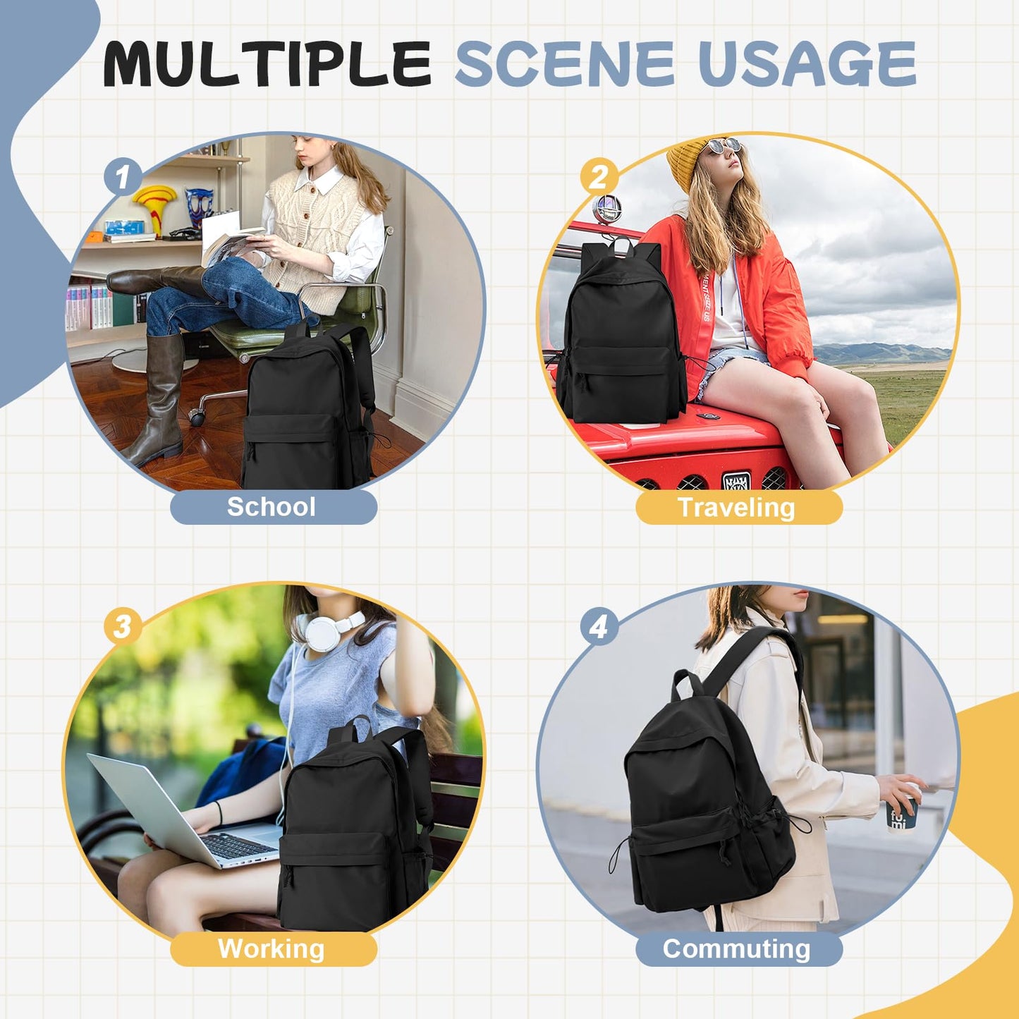 HYC00 School Backpack Womens, Causal Travel School Bags 14 Inch Laptop Backpack Rucksack Bag for Women Teenage Girls Boys Lightweight College Rucksack Water Resistant Bookbag Work Daypack, Black