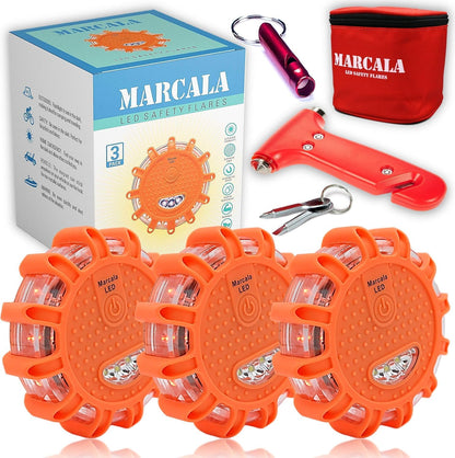 Marcala 3‑Pack LED Road Flares | DOT Compliant Emergency Lights for Vehicles with Batteries, Whistle & Case | Flares Emergency Road | Emergency Flares | Perfect For Gifting or Everyday Roadside Safety