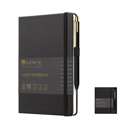 &And Per Se Lined Journal and Pen Set, A5 Leather Journal Stationery Set, 160 Pages 100GSM Thick Paper, Notebook Gift Set (Black)