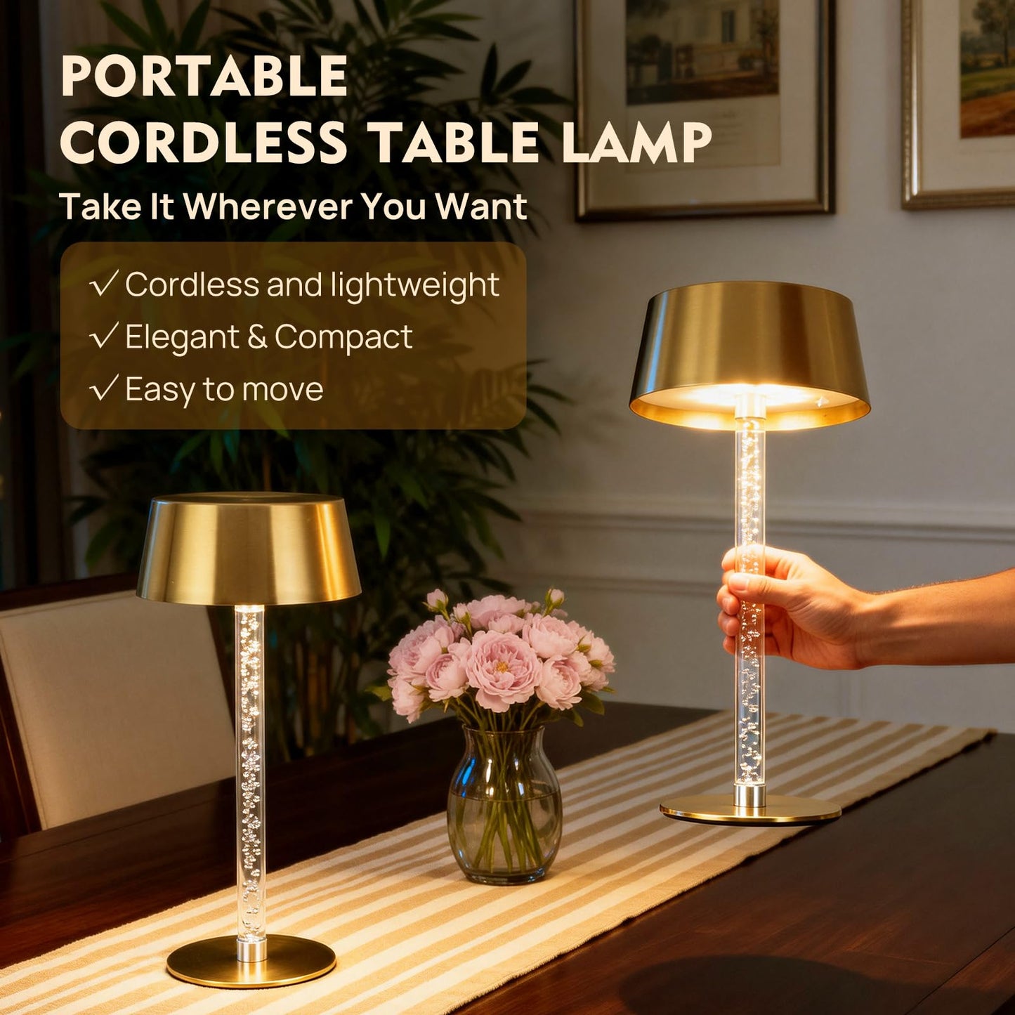 SisiHokai Waterproof Shower Rechargeable Lamp Cordless, LED Touch Battery Operated Table Lamp, Dimmable, Modern Home Decor, Outdoor, Patio, Bathroom, Bedroom, Bedside, Kitchen, Gold