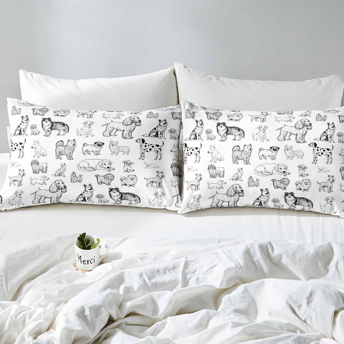 Cartoon Dog Fitted Sheet Full Size Black White Dog Puppy Sketch Bedding Set 3Pcs for Kids Girls Boys Adult Room Decor Cute Pet Animals Bed Sheet Soft Lightweight Deep Pocket Sheet,2 Pillowcase