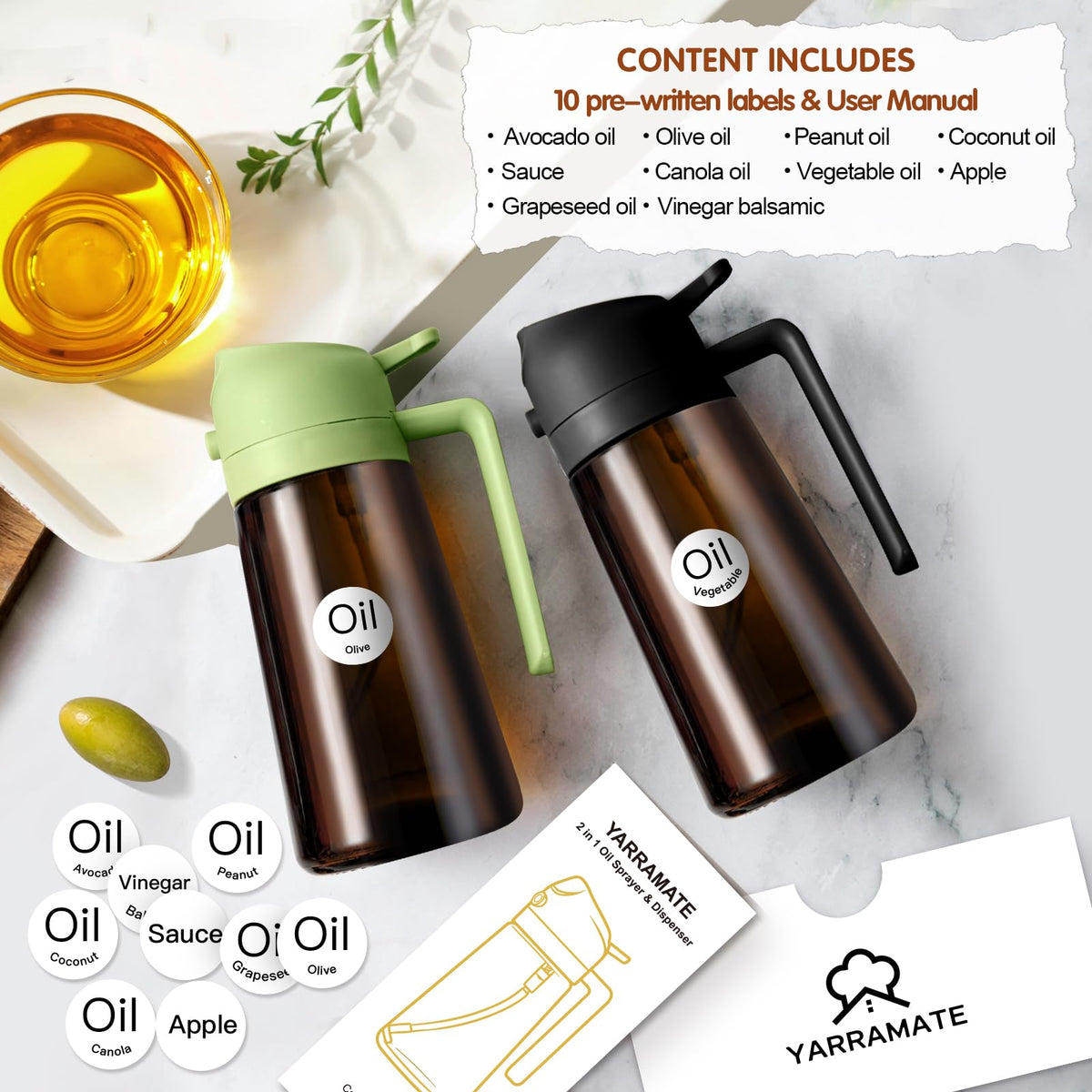 YARRAMATE 16oz/470ml Light Blocking Oil Sprayer for Cooking with Stickers, Food-Grade 2 in 1 Olive Oil Dispenser Bottle for Kitchen, Premium Dark Amber Glass Oil Bottle for Air Fryer, BBQ (Black)