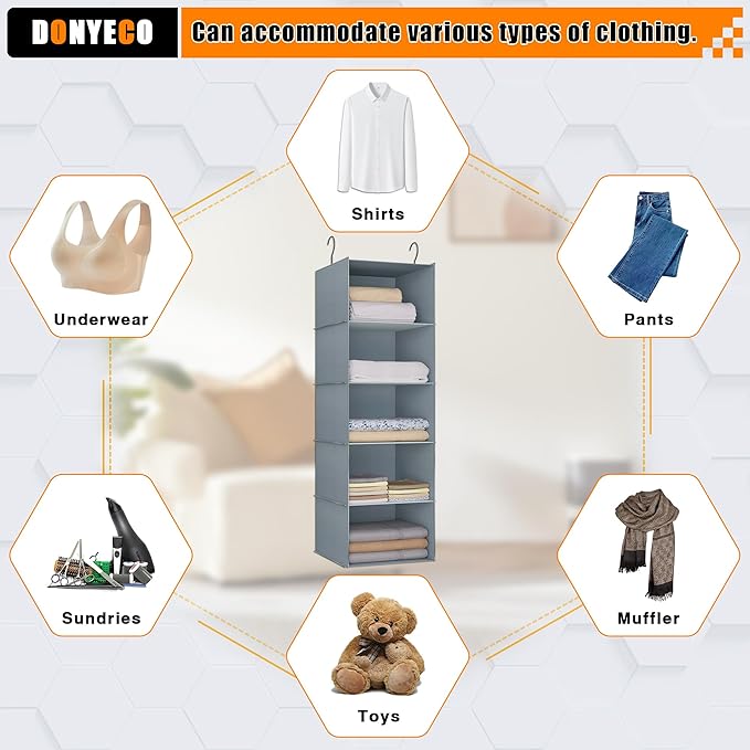 Hanging Closet Organizer 5-Shelf, Easy Mount Foldable Wardrobe Storage Shelves