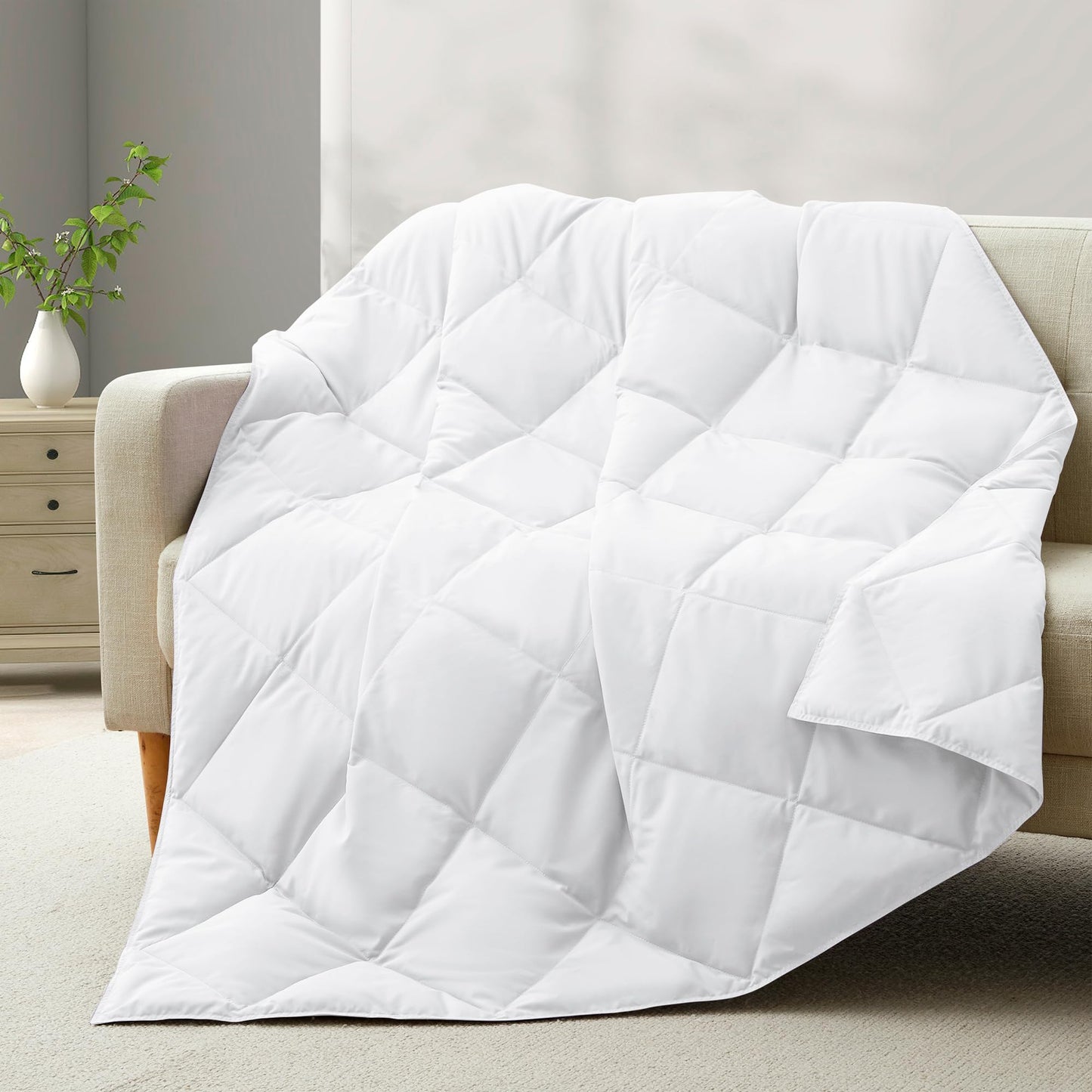 Deodar Natural Down Fiber Throw Blanket Couch, Sofa Down Fiber Blanket Throws Outdoor Lightweight Peach Skin Fabric, 50"X70", White