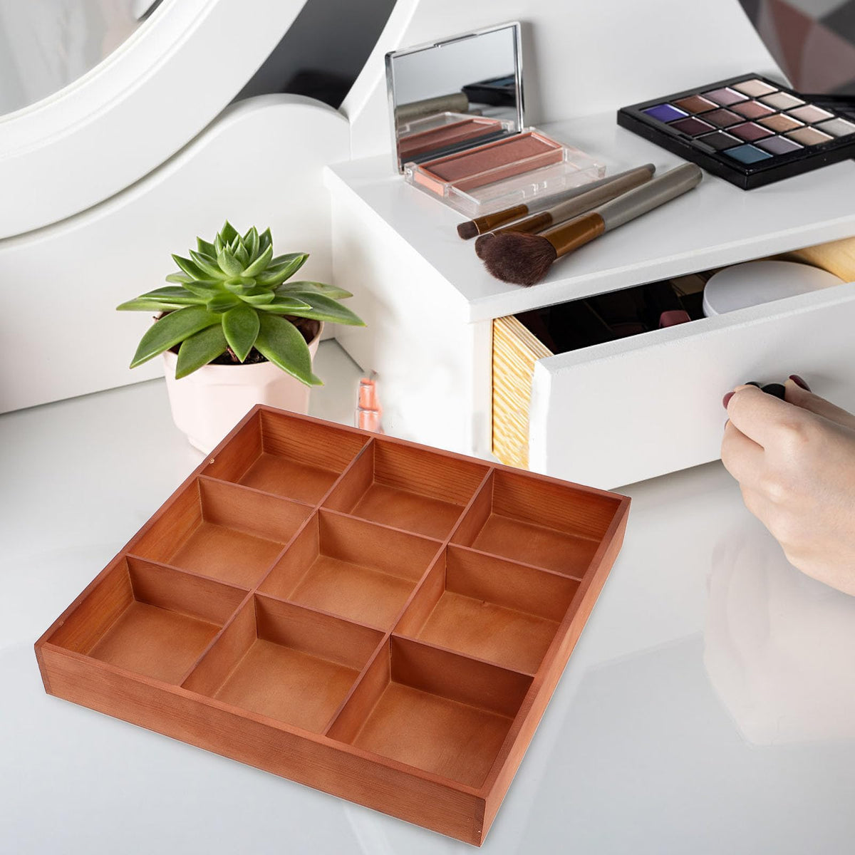 Garneck Wooden with Multiple Compartments Brown Natural Wood Material Storage Divider Box for Jewelry and Small Parts Organizing Versatile Use on Tabletop in Room