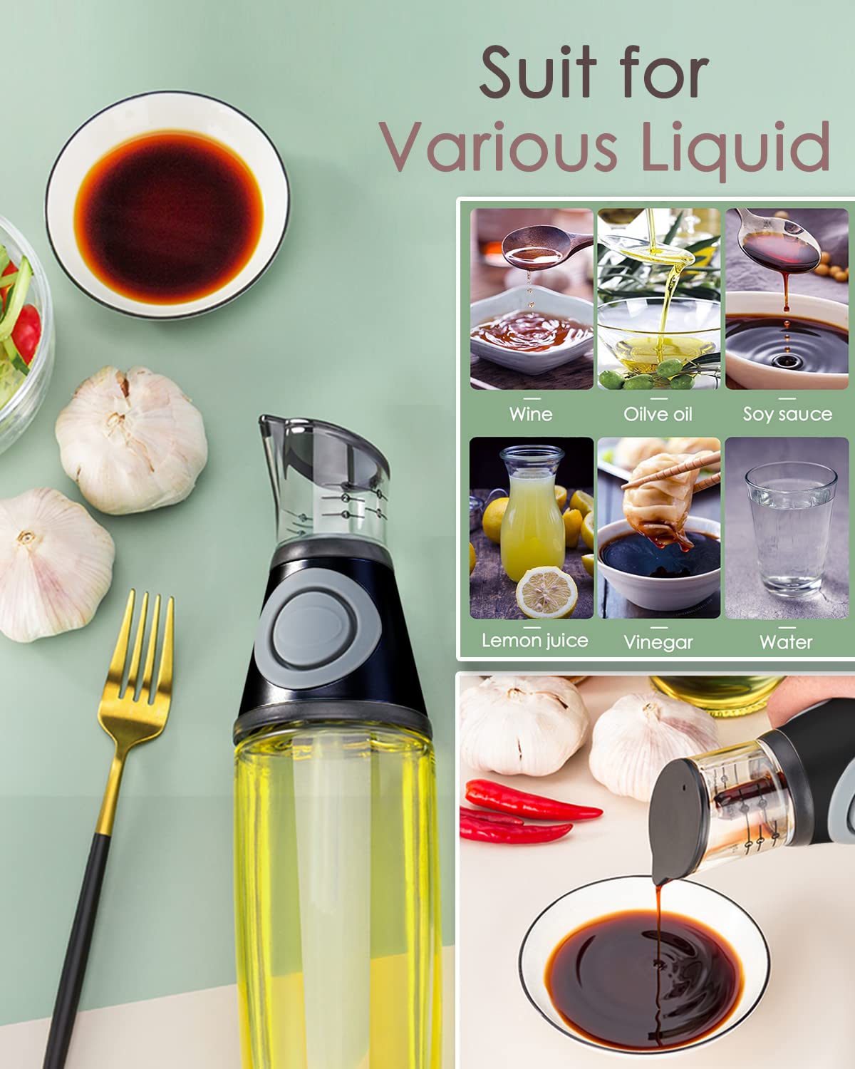 KITLAB Oil Dispenser Bottle, 17oz Olive Oil Dispenser Oil Sprayer, Clear Glass Refillable Oil and Vinegar Dispenser Bottle with Measuring Scale Pump for Kitchen, Cooking, Salads, Baking Frying
