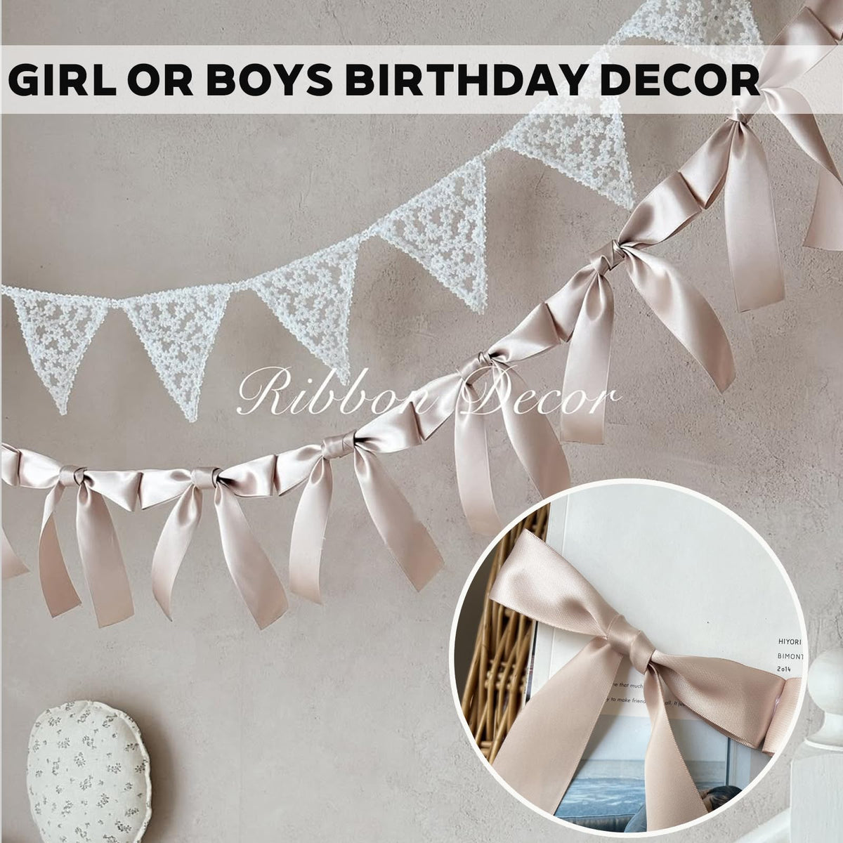 Dusty Pink Bow Garland, Pre-Assembled 6 ft – Single Accent Decoration for Bridal Shower, Baby Shower & Birthday Parties | Soft Matte Satin Bows (Dusk Rose)