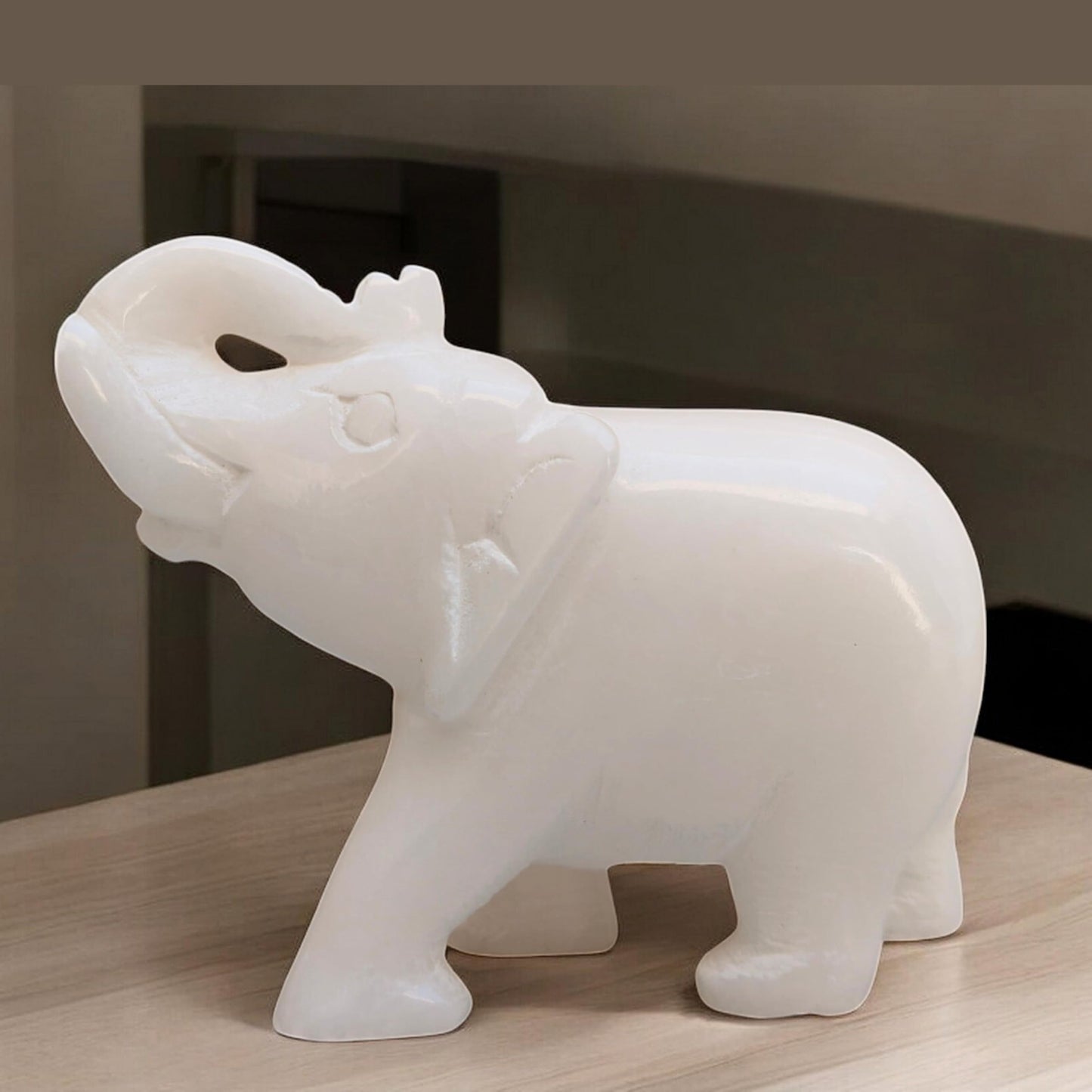 Elephant Statue Idol Murti White Onyx Marble Home Decor | Hand Carved Trunk Up Elephant Figurine for Living Room Office Table Item Gift for Wedding Birthday & Anniversary Collectible (3.25"inch)