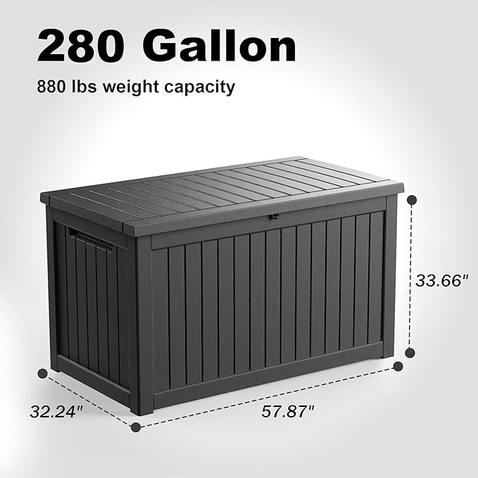 280 Gallon Resin Deck Box, Lockable Weatherproof Outdoor Storage Box for Furniture, Garden Tools and Tools Storage, Waterproof Outside Storage Boxes - Black