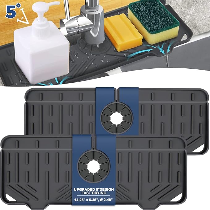 2 Pcs Silicone Faucet Handle Drip Catcher Tray Mat, 2 in 1 Dish Soap Sponge