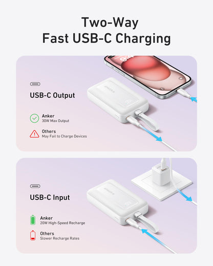 Anker Zolo Power Bank, 10,000mAh 30W High-Speed Portable Charger with Built-In USB-C Cable, Fast Charging Battery Pack for iPhone 17/17 Air/17 Pro/17 Pro Max/16/15 Series, Galaxy, iPad, and More