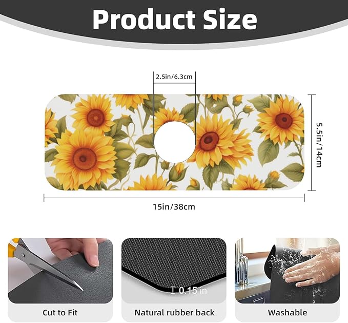 Kitchen Faucet Mat 15 x 5.5 Inch Sunflowers Faucet Draining Mat Absorbent