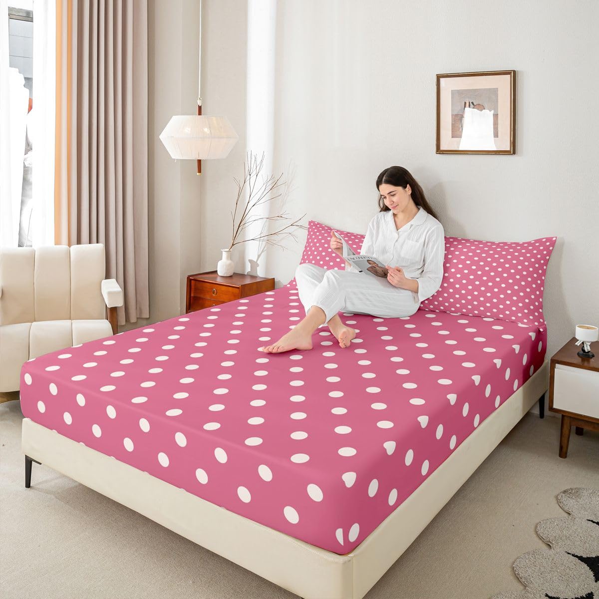 jejeloiu Pink White Polka Dot Fitted Sheet with 2 Pillowcases Full Size Retro Cute Polka Dot Bed Sheets Set 16" Deep Pocket Boys Girls Geometric Bedding Luxury Teens Bedroom Decor Breathable Soft