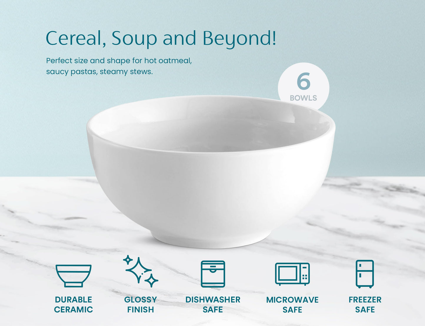 KooK Ceramic Soup bowls, Microwave, Dishwasher and Freezer Safe, Porcelain Dishes for Soup, Pasta, Salad, Oatmeal, Deep Interior, 24 oz, Set of 6, Marshmallow White