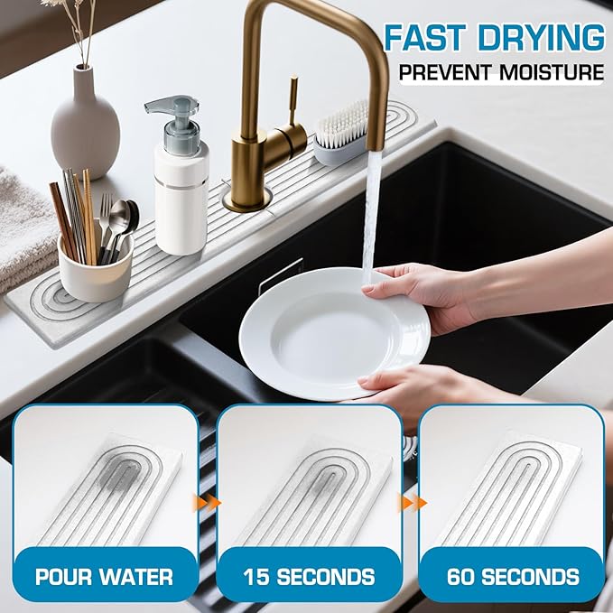 Faucet Mat for Kitchen Sink, Diatomite Quick Drying Tray, Long 23.6'' Kitchen