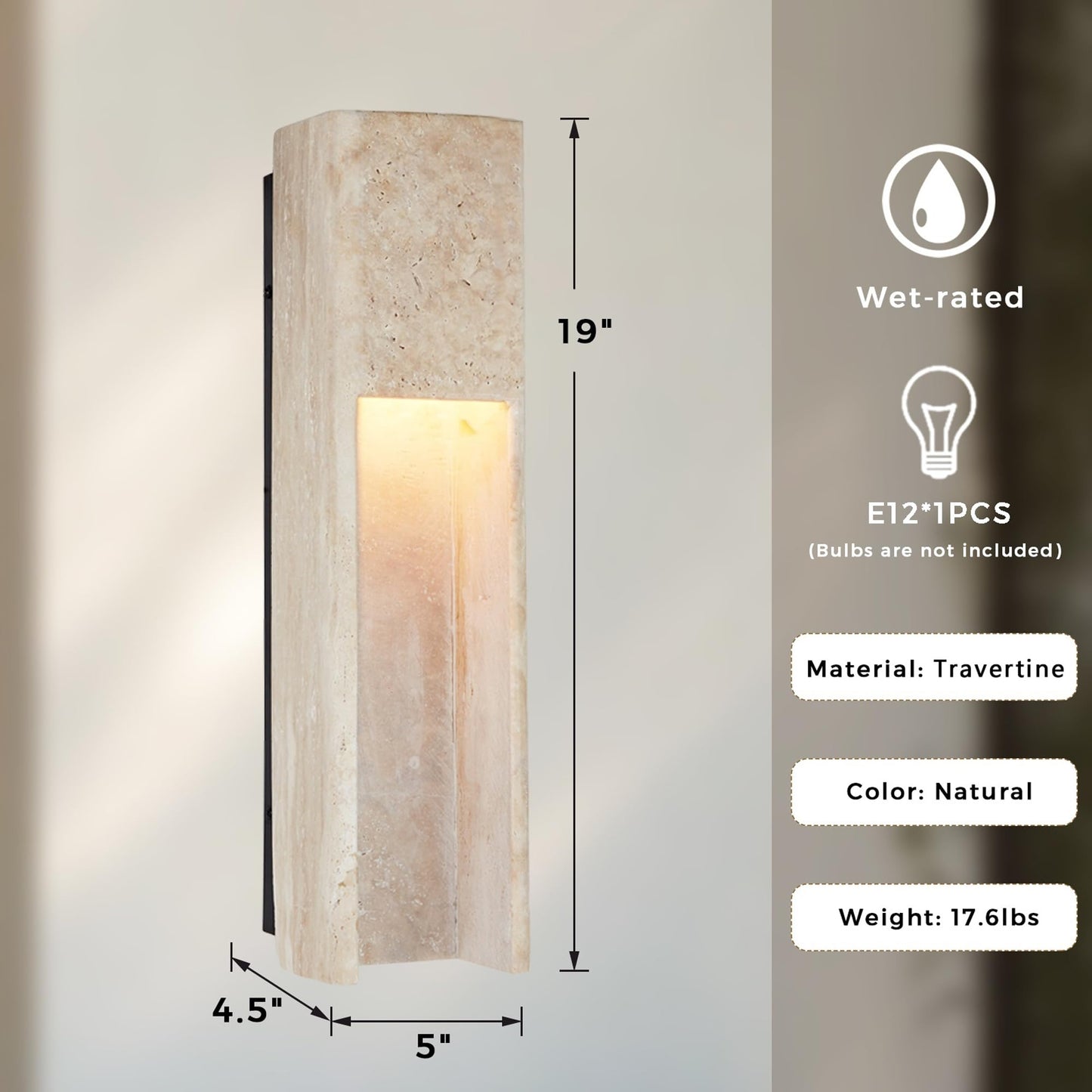 19 Inch Square Travertine Wall Sconce, Natural Stone Wall Lamp, Japanese Style Art Decor Wall Light Fixture, Indoor Outdoor Wall Mounted Lamp for Entryway, Hallway, Bedroom, Living Room, Dining Room