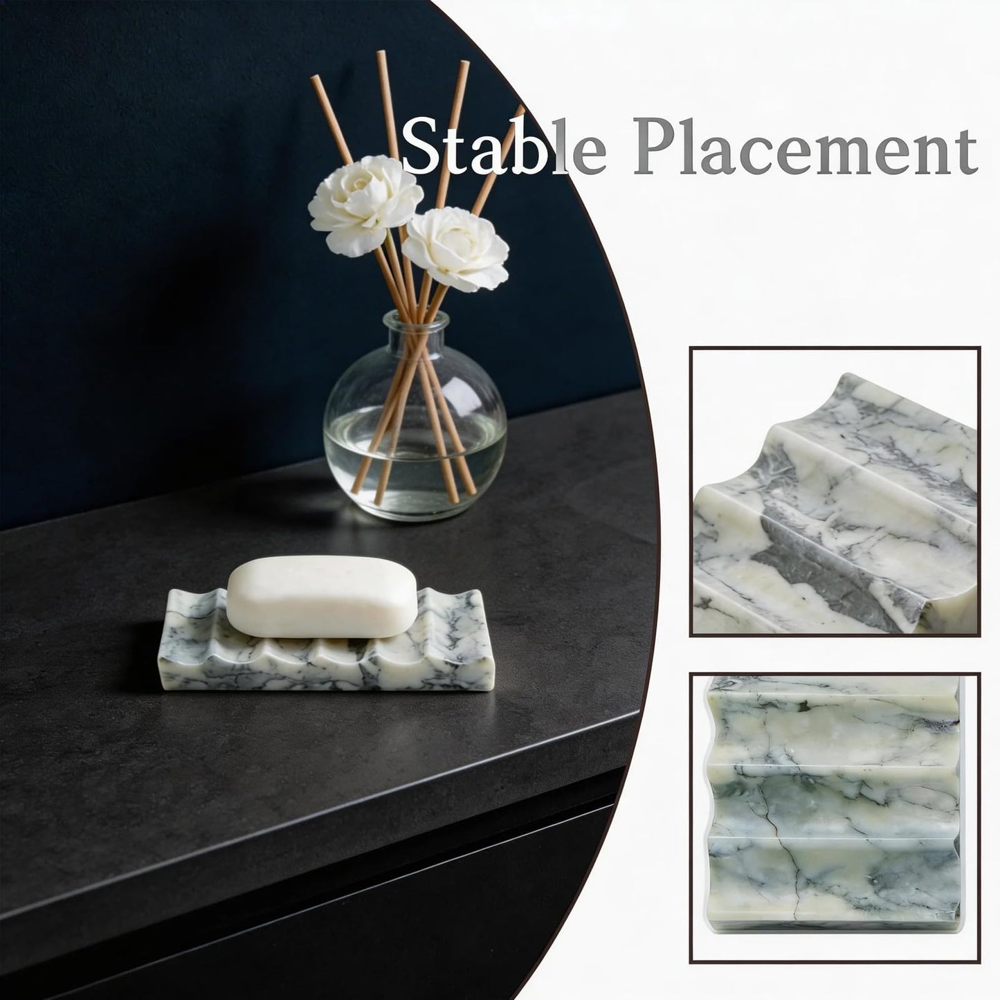 Green Marble Soap Dish, Natural Stone Soap Tray for Shower, Elegant Bar Soap Holder for Bathroom, Kitchen, Countertop, Waterfall Design for Fast Drying