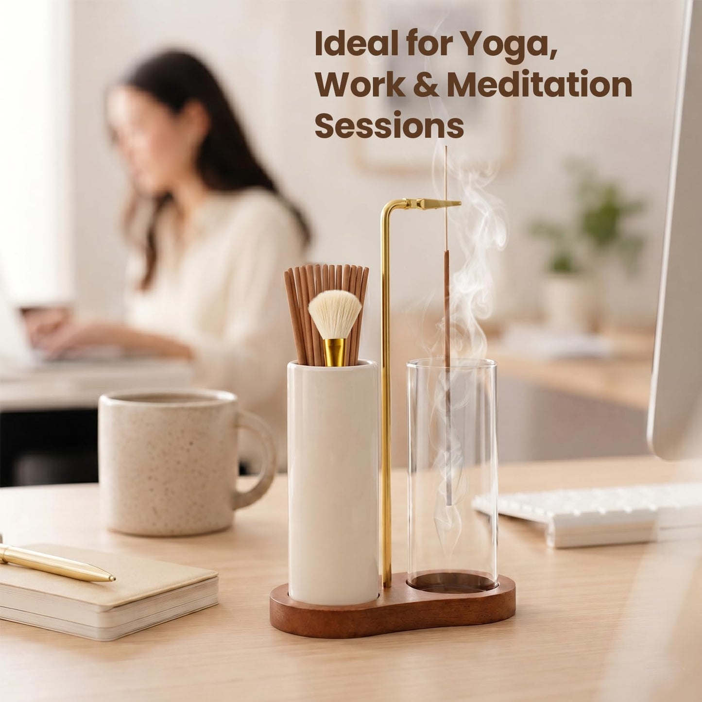 2 in 1 Incense Holder with Glass Ash Catcher, Ceramic Storage Jar, 25 Incense Sticks & Ash Brush, Ideal for Meditation, Yoga, Spa & Home Decor