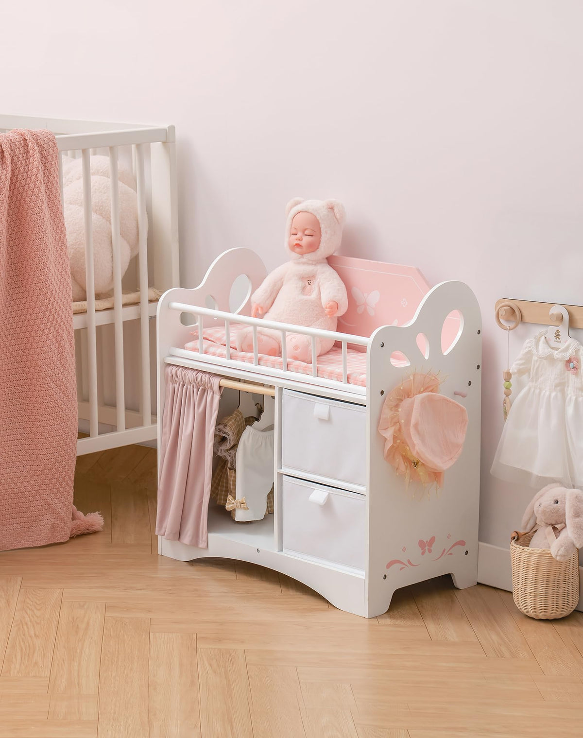 ROBOTIME Baby Doll Crib, Wooden Doll Bed, Toy Baby Crib with Storage, Bedding, and Wooden Hooks, Doll Crib Fits Dolls up to 21", Doll Furniture for American Girls Ages 3+ (Pink)