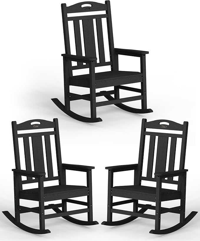 Ciokea Oversized Outdoor Rocking Chairs Set of 3, 380lbs Heavy-Duty Large Patio Rocker, High Back Cozy Porch Chairs, Weather Resistant Patio Rocking Chairs for Outside, Fire Pit, Deck, Black